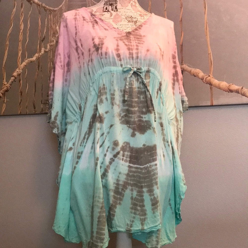 NaPua Collection Honolulu Beach Cover Up Tunic Size OS Tye Dye pink & aqua